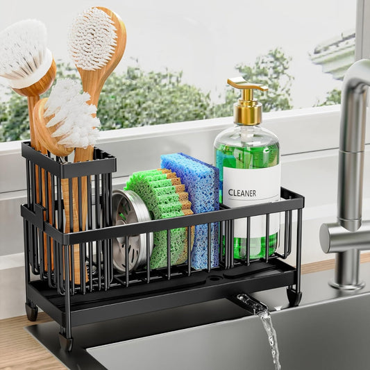 Kitchen sink caddy organizer with rotating drain spout and brush holder