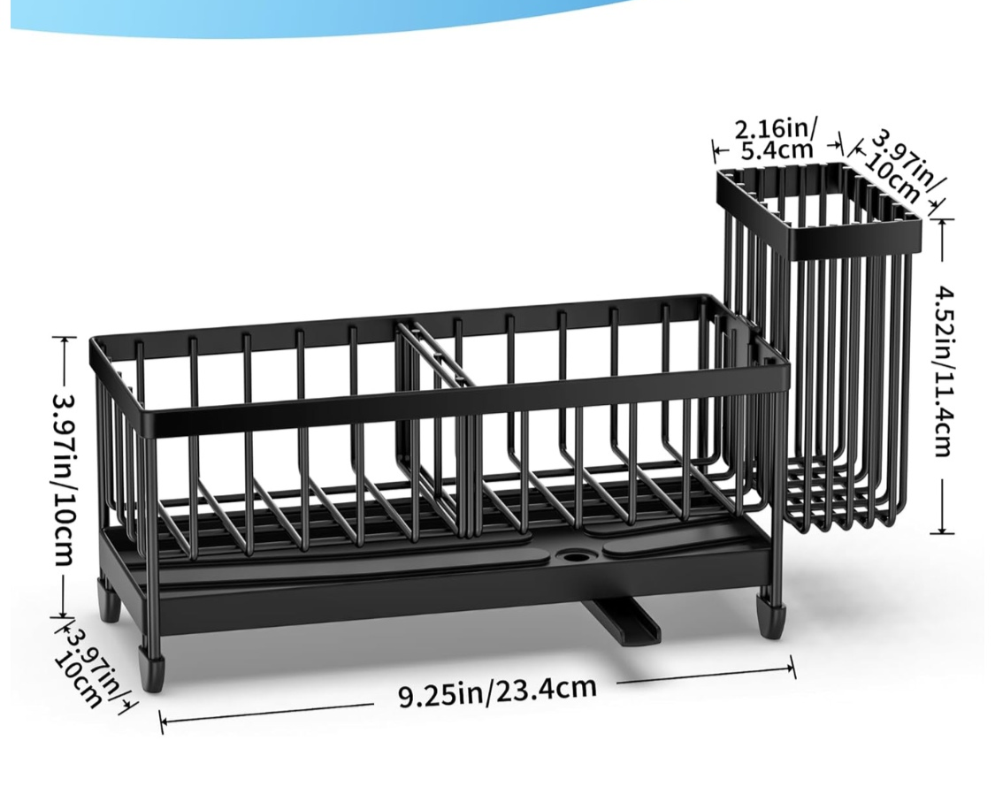 Black metal dish rack with dimension annotations showing width, height, and depth measurements on a white background.